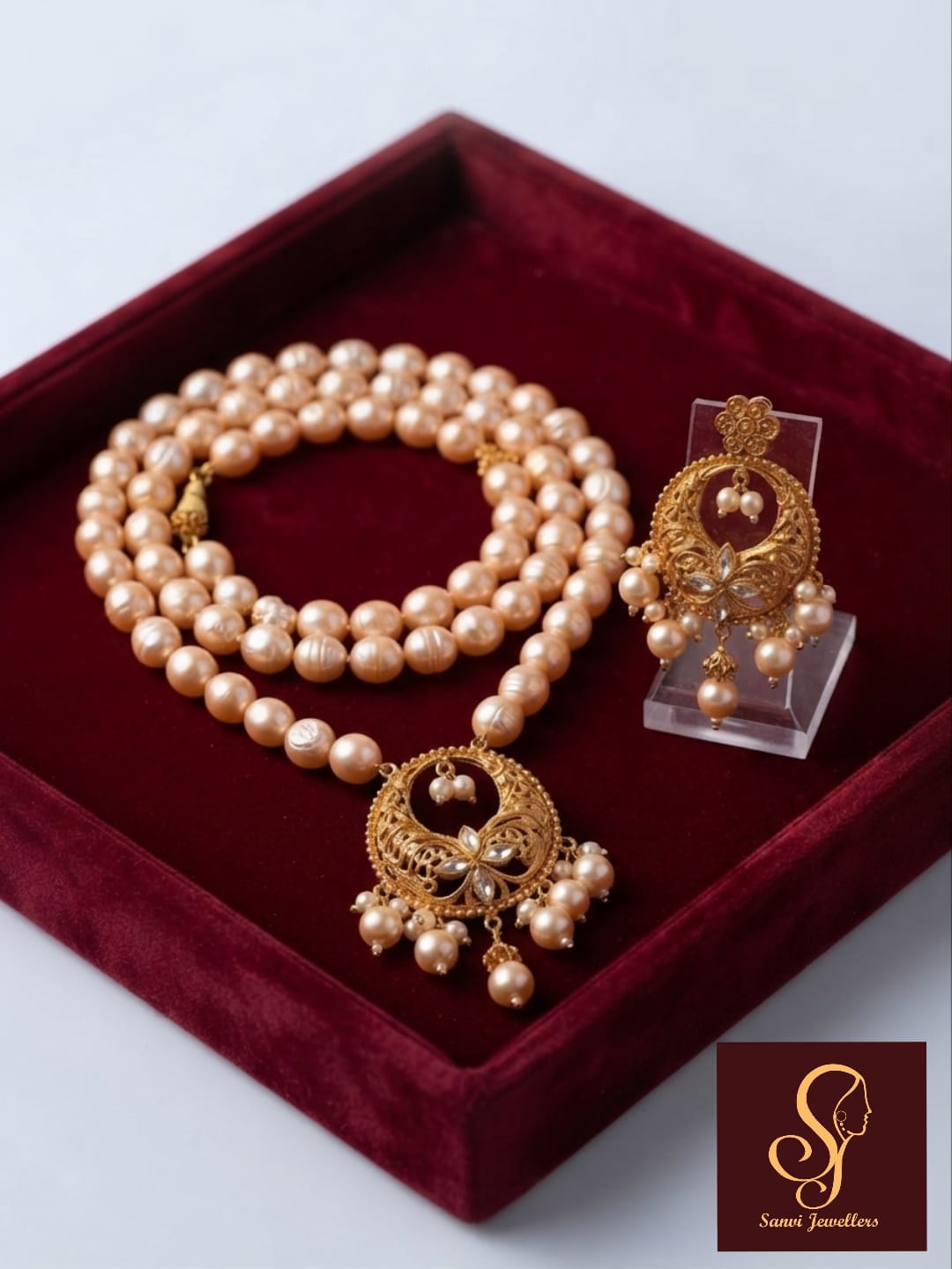 Classic Peach Pearl Necklace & Earrings Set angle 2