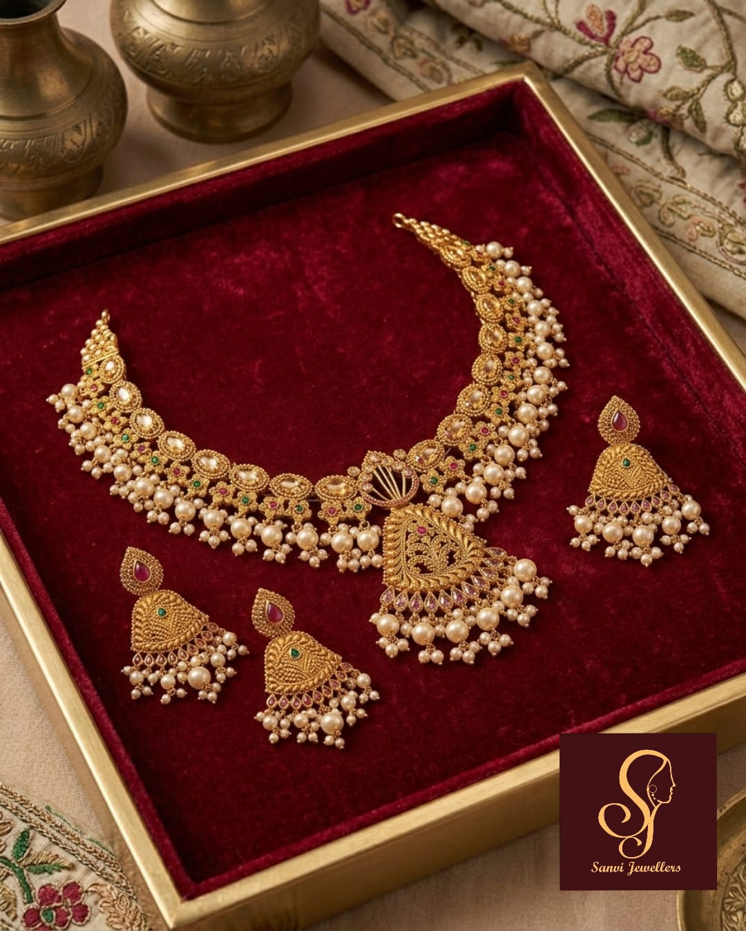 Royal Square Kundan & Pearl Gold Choker Set angle 2