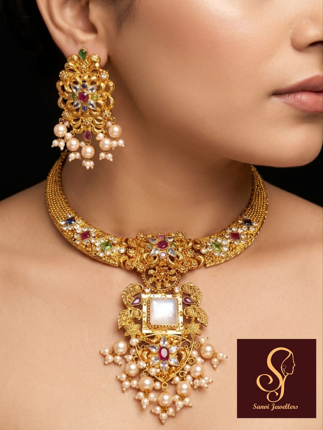 Traditional Gem-Studded Pearl Long Haram Set angle 2