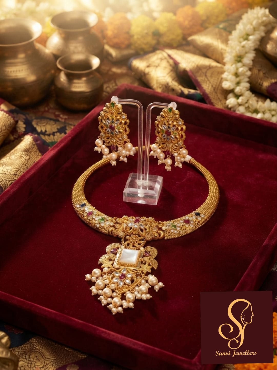 Traditional Floral Motifs Gold Plated Necklace Set angle 2