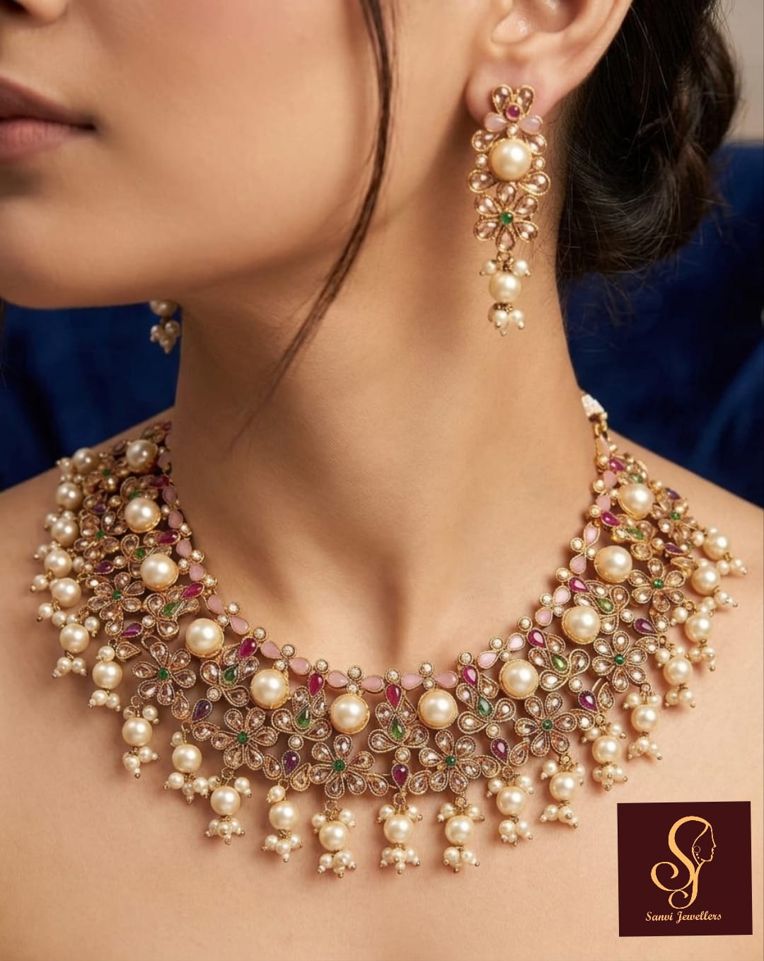 Premium Pearl & Gemstone Royal Bridal Set angle 2